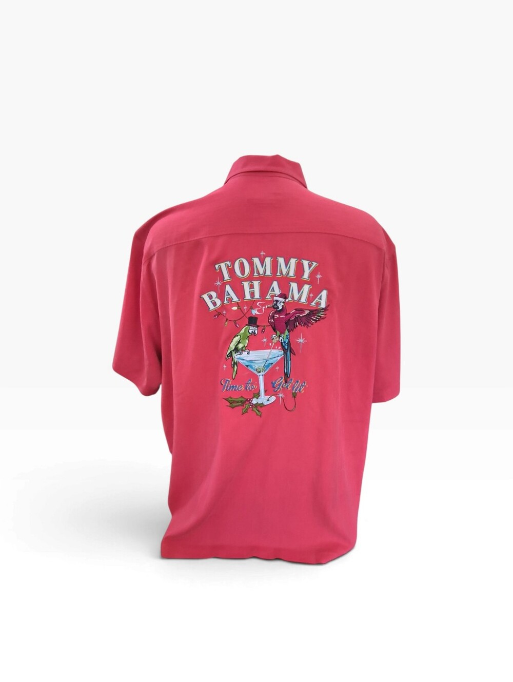 Tommy Bahama Shirt Mens XL Silk Red "Time To Get Lit" Christmas Parrots Martini